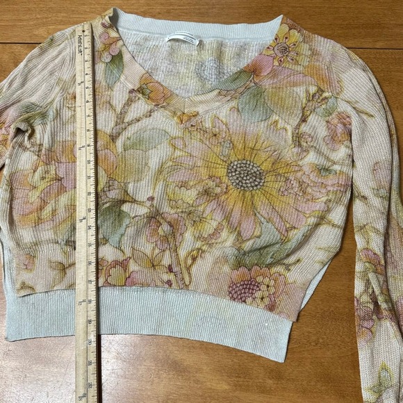 Anthropologie The Dreamer Printed V-Neck Cropped Linen Blend Sweater Size Small - Picture 5 of 9
